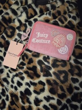 Juicy Couture Pink Velvet Zip Around Wallet with Logo Patches